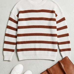 Women's Beige Pullover With Brown Stripes in Egypt 1 بلوفر حريمي بيج مخطط بنى فى مصر