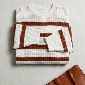 Women's Beige Pullover With Brown Stripes in Egypt 2 بلوفر حريمي بيج مخطط بنى فى مصر