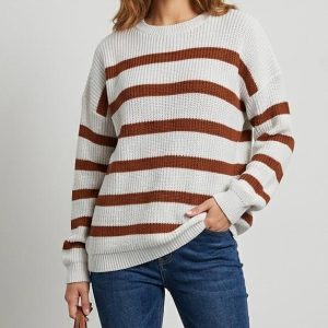 Women's Beige Pullover With Brown Stripes in Egypt بلوفر حريمي بيج مخطط بنى فى مصر