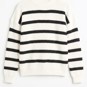 Women's White Pullover With Black Stripes in Egypt 3 بلوفر حريمي تريكو ابيض مخطط اسود فى مصر